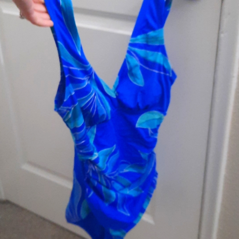 One peice blue swimsuit leaf design